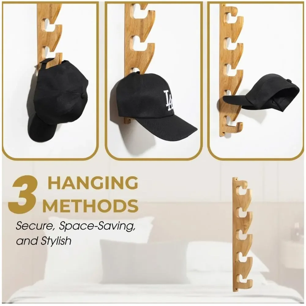 2PCS Acacia Wood Hat Organizer Wall Mount Hat Rack for Baseball Caps Vertical